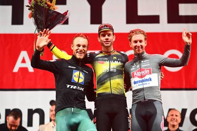 Cycling Criterium Herentals HERENTALS, BELGIUM - JULY 31 : Groves Kaden (AUS) of Alpecin-Deceuninck, Milan Jonathan (BEL) of Lidl - Trek, Van Aert Wout (BEL) of Team Visma - Lease a Bike on the podium during Herentals Fietst an after Tour Criterium in Herentals. On July 31, 2025 in Herentals, Belgium, 31 07 2025 Herentals Belgium  Copyright: xGvgx