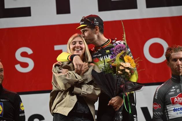 Wout Van Aert and his wife Sarah De Bie pictured on the podium after the Natourcriterium Herentals cycling race, Thursday 31 July 2025 in Herentals. The contest is a part of the traditional criteriums , local races in which mainly cyclists who rode the Tour de France compete. TOM GOYVAERTS TomxGoyvaerts  x130390315x
