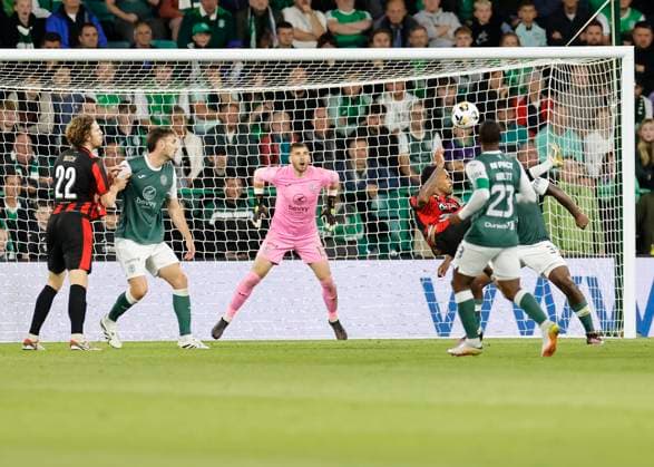 Hibernian v FC Midtjylland UEFA Europa League Jœnior Brumado of FC Midtjylland (third from right) scores his teams second goal during the UEFA Europa League Second Qualifying Round Second Leg match at Easter Road, Edinburgh UK Newspapers OUT Copyright: xFredxPalmerx FIL-22024-0117