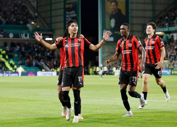 Hibernian v FC Midtjylland UEFA Europa League Dar’o Osorio of FC Midtjylland (left) celebrates scoring his teams first goal with team mates during the UEFA Europa League Second Qualifying Round Second Leg match at Easter Road, Edinburgh UK Newspapers OUT Copyright: xFredxPalmerx FIL-22024-0134
