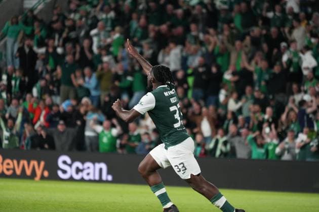 31st July 2025; Easter Road, Edinburgh, Scotland: UEFA Europa League, Second Qualifying Round, Second Leg, Hibernian versus Midtjylland; Rocky Bushiri of Hibernian celebrates scoring his sides first goal of the match to make the score 1-1 in extra time  AlecxBrown
