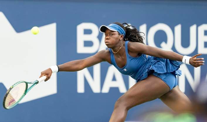 July 31, 2025, Montreal, Pq, Canada: Victoria Mboko of Canada hits a return to Marie Bouzkova of Czechia during third round tennis action at the National Bank Open in Montreal, Thursday, July 31, 2025. Canada News - July 31, 2025  - ZUMAc35_ 20250731_zaf_c35_126 Copyright: xChristinnexMuschix