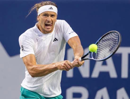 (250801) -- TORONTO, Aug. 1, 2025 -- Alexander Zverev of Germany returns the ball during the third round of the men s singles match between Alexander Zverev of Germany and Matteo Arnaldi of Italy at the 2025 National Bank Open tennis tournament in Toronto, Canada, July 31, 2025. (Photo by Xinhua) (SP)CANADA-TORONTO-TENNIS-NATIONAL BANK OPEN-MEN S SINGLES ZouxZheng 