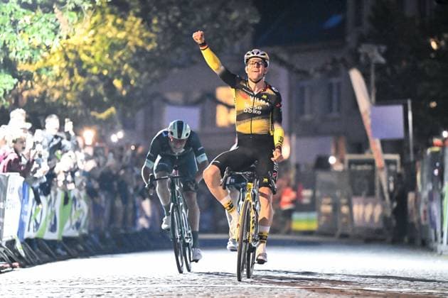 Belgian Wout van Aert of Team Visma-Lease a Bike celebrates as he crosses the finish line to win the Natourcriterium Herentals cycling race, Thursday 31 July 2025 in Herentals. The contest is a part of the traditional criteriums , local races in which mainly cyclists who rode the Tour de France compete. TOM GOYVAERTS TomxGoyvaerts  x130404514x