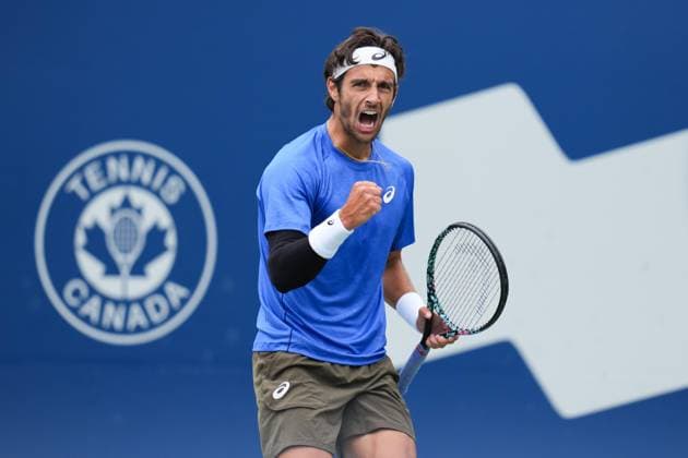 ATP, Tennis Herren Masters 1000 National Bank Open Toronto Presented by Rogers 2025 - Day 6 Lorenzo Musetti of Italy celebrates a point against Alex Michelsen of the United States during the Men s Singles third round match on day 6 of the ATP Masters 1000 National Bank Open at Sobeys Stadium. on July 31, 2025 in Toronto, Canada. Toronto Ontario Canada Copyright: xLeonardoxRamirezx