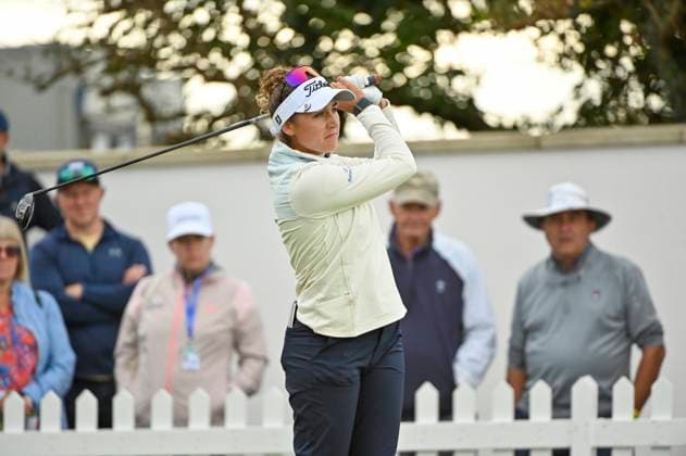 1st August 2025; Royal Porthcawl Golf Club, Porthcawl, Wales; AIG Womens Open Golf, Round 2; Nastasia Nadaud teeing off on the 1st hole  AledxHopkins