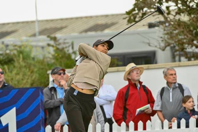 1st August 2025; Royal Porthcawl Golf Club, Porthcawl, Wales; AIG Womens Open Golf, Round 2; Diksha Dagar teeing off on the 1st hole  AledxHopkins