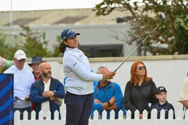 1st August 2025; Royal Porthcawl Golf Club, Porthcawl, Wales; AIG Womens Open Golf, Round 2; Hira Naveed on the 1st tee  AledxHopkins