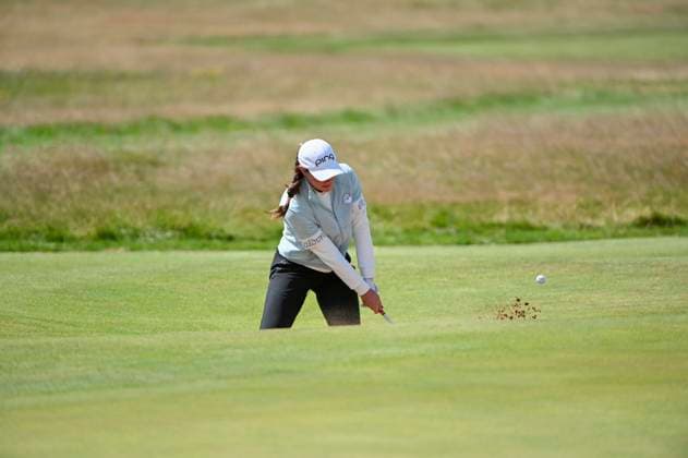 1st August 2025; Royal Porthcawl Golf Club, Porthcawl, Wales; AIG Womens Open Golf, Round 2; Darcey Harry hitting her ball out of the greenside bunker  AledxHopkins