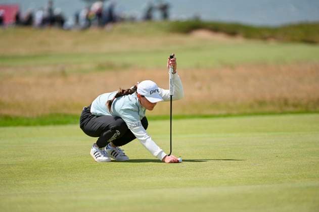 1st August 2025; Royal Porthcawl Golf Club, Porthcawl, Wales; AIG Womens Open Golf, Round 2; Darcey Harry placing her ball on the 18th green  AledxHopkins