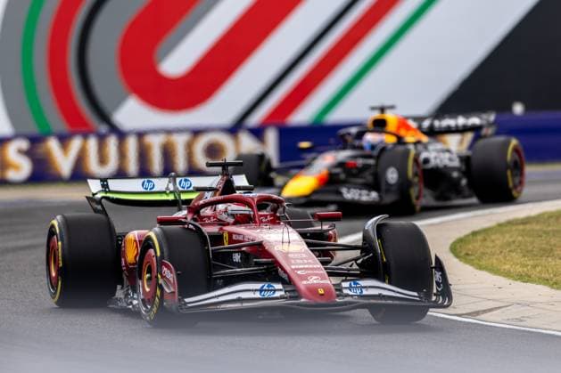 Charles Leclerc Scuderia Ferrari HP F1 Team, Monaco, 16 in SF 25 and Max Verstappen Oracle Red Bull Racing, Netherlands, 01 in RB21, HUN, Formula 1 World Championship, Hungarian Grand Prix, Hungaroring, Practice Day, Free Practice 1, 2025 Season, 01 08 2025 HUN, Formula 1 World Championship, Hungarian Grand Prix, Hungaroring, Practice Day, Free Practice 1, 2025 Season, 01 08 2025 Budapest Copyright: xEibner-Pressefoto MarcelxFischerx EP_MFI