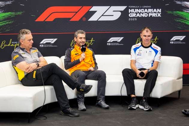F1 - HUNGARIAN GRAND PRIX 2025 press conference, PK, Pressekonferenz ISOLA Mario (ita), Motorsport Racing Manager of Pirelli, STELLA Andrea (ita), Team Principal of McLaren F1 Team, PERMANE Alan (gbr), Team Principal of Visa Cash App RB F1 Team, portrait during the 2025 Formula 1 Lenovo Hungarian Grand Prix, 14th round of the 2025 FIA Formula One World Championship, WM, Weltmeisterschaft from August 1 to 3, 2025 on the Hungaroring, in Mogyorod, Hungary - MogyorodHungary  Copyright: xJulienxDelfossex