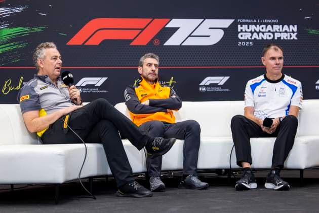 F1 - HUNGARIAN GRAND PRIX 2025 press conference, PK, Pressekonferenz ISOLA Mario (ita), Motorsport Racing Manager of Pirelli, STELLA Andrea (ita), Team Principal of McLaren F1 Team, PERMANE Alan (gbr), Team Principal of Visa Cash App RB F1 Team, portrait during the 2025 Formula 1 Lenovo Hungarian Grand Prix, 14th round of the 2025 FIA Formula One World Championship, WM, Weltmeisterschaft from August 1 to 3, 2025 on the Hungaroring, in Mogyorod, Hungary - MogyorodHungary  Copyright: xJulienxDelfossex