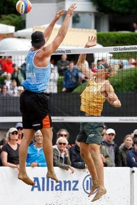 Düsseldorf, Germany, CEV EuroBeachVolley 2025 European Beach Volleyball Championships at the Rochusclub in Düsseldorf 01 08 2025 Round of 16 Matthew IMMERS NED 1 and Ruben PENNINGA NED 2 against David AHMAN AEHMAN SWE 1 and Jonatan HELLVIG SWE 2
