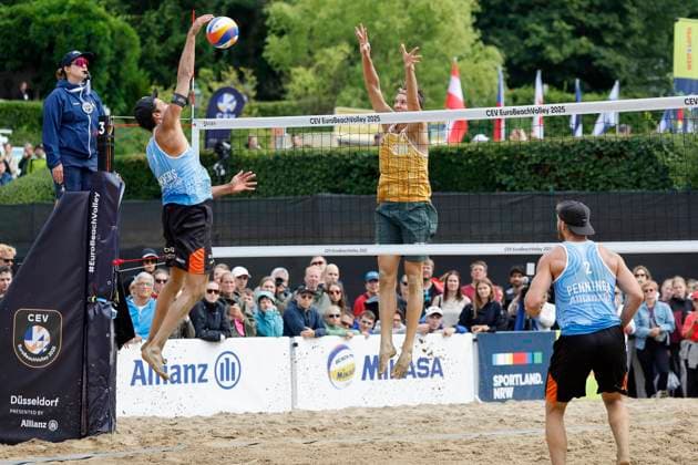 Düsseldorf, Germany, CEV EuroBeachVolley 2025 European Beach Volleyball Championships at the Rochusclub in Düsseldorf 01 08 2025 Round of 16 Matthew IMMERS NED 1 and Ruben PENNINGA NED 2 against David AHMAN AEHMAN SWE 1 and Jonatan HELLVIG SWE 2