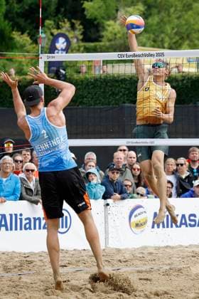 Düsseldorf, Germany, CEV EuroBeachVolley 2025 European Beach Volleyball Championships at the Rochusclub in Düsseldorf 01 08 2025 Round of 16 Matthew IMMERS NED 1 and Ruben PENNINGA NED 2 against David AHMAN AEHMAN SWE 1 and Jonatan HELLVIG SWE 2