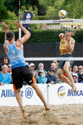 Düsseldorf, Germany, CEV EuroBeachVolley 2025 European Beach Volleyball Championships at the Rochusclub in Düsseldorf 01 08 2025 Round of 16 Matthew IMMERS NED 1 and Ruben PENNINGA NED 2 against David AHMAN AEHMAN SWE 1 and Jonatan HELLVIG SWE 2