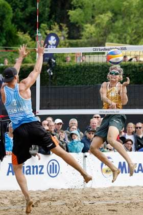 Düsseldorf, Germany, CEV EuroBeachVolley 2025 European Beach Volleyball Championships at the Rochusclub in Düsseldorf 01 08 2025 Round of 16 Matthew IMMERS NED 1 and Ruben PENNINGA NED 2 against David AHMAN AEHMAN SWE 1 and Jonatan HELLVIG SWE 2