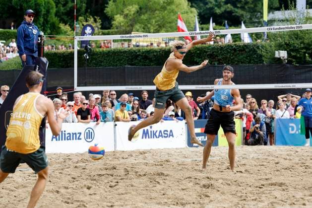 Düsseldorf, Germany, CEV EuroBeachVolley 2025 European Beach Volleyball Championships at the Rochusclub in Düsseldorf 01 08 2025 Round of 16 Matthew IMMERS NED 1 and Ruben PENNINGA NED 2 against David AHMAN AEHMAN SWE 1 and Jonatan HELLVIG SWE 2
