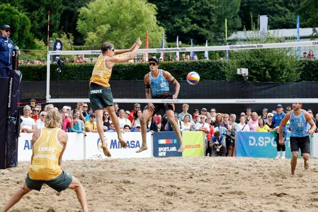 Düsseldorf, Germany, CEV EuroBeachVolley 2025 European Beach Volleyball Championships at the Rochusclub in Düsseldorf 01 08 2025 Round of 16 Matthew IMMERS NED 1 and Ruben PENNINGA NED 2 against David AHMAN AEHMAN SWE 1 and Jonatan HELLVIG SWE 2