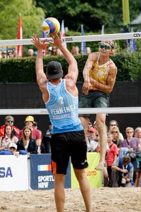 Düsseldorf, Germany, CEV EuroBeachVolley 2025 European Beach Volleyball Championships at the Rochusclub in Düsseldorf 01 08 2025 Round of 16 Matthew IMMERS NED 1 and Ruben PENNINGA NED 2 against David AHMAN AEHMAN SWE 1 and Jonatan HELLVIG SWE 2