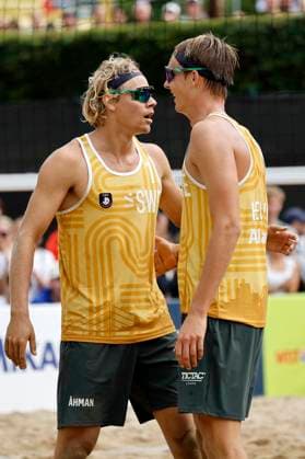 Düsseldorf, Germany, CEV EuroBeachVolley 2025 European Beach Volleyball Championships at the Rochusclub in Düsseldorf 01 08 2025 Round of 16 Matthew IMMERS NED 1 and Ruben PENNINGA NED 2 against David AHMAN AEHMAN SWE 1 and Jonatan HELLVIG SWE 2 David AHMAN AEHMAN SWE 1 and Jonatan HELLVIG SWE 2 celebrate their victory