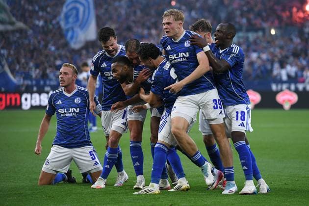 Soccer 2 Bundesliga 1 Matchday FC Schalke 04 Hertha BSC Berlin on 01 08 2025 at the Veltins Arena in Gelsenkirchen Goal celebration to 1 0 by Moussa Sylla Schalke DFL regulations prohibit any use of photographs as image sequences and or quasi video xRx