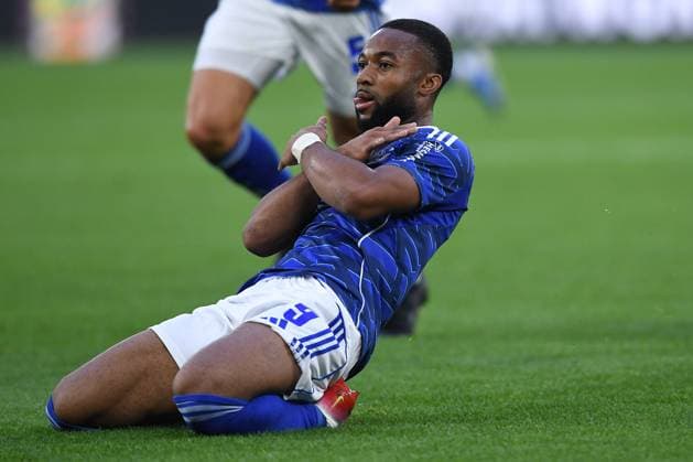 Soccer 2 Bundesliga 1 Matchday FC Schalke 04 Hertha BSC Berlin on 01 08 2025 at the Veltins Arena in Gelsenkirchen Goal celebration to 1 0 by Moussa Sylla Schalke DFL regulations prohibit any use of photographs as image sequences and or quasi video xRx