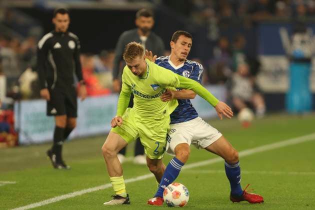 Julian Eitschberger Hertha BSC Berlin and Ron Schallenberg FC Schalke 04 in a duel during the 2 Bundesliga match between FC Schalke 04 and Hertha BSC, Veltins Arena on August 01, 2025 in Gelsenkirchen, Germany, Germany Photo by Oliver Kaelke DeFodi Images Julian Eitschberger Hertha BSC Berlin uznd Ron Schallenberg FC Schalke 04 battle for the ball during the 2 Bundesliga match between FC Schalke 04 and Hertha BSC at Veltins Arena on August 1, 2025 in Gelsenkirchen, Germany Photo by Oliver Kaelke DeFodi Images DFB DFL REGULATIONS PROHIBIT ANY USE OF PHOTOGRAPHS AS IMAGE SEQUENCES AND OR QUASI VIDEO Photo by Oliver Kaelke DeFodi Images