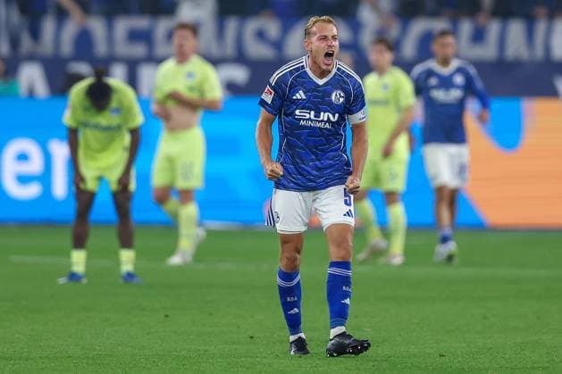 01 08 2025, Soccer, FC Schalke 04 Hertha BSC, 1 Matchday, 2 Soccer Bundesliga, Veltins Arena Gelsenkirchen, Season 2025 2026 Final celebration after the 2 1 victory for Schalke Timo Becker Schalke04 05 stands cheering on the pitch DFB regulations prohibit any use of photographs as image sequences and or quasi video North Rhine-Westphalia Germany