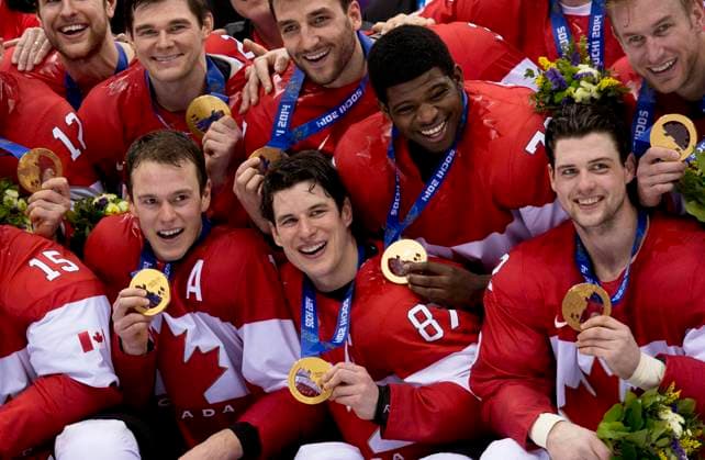 February 23, 2014, Sochi, Russia: Canadian captain Sidney Crosby celebrates with his teammates after defeating Sweden to win the men s hockey gold medal at the Sochi Winter Olympics on Sunday, Feb. 23, 2014 in Sochi, Russia. Canada News - February 23, 2014  - ZUMAc35_ 20140223_zaf_c35_240 Copyright: xPaulxChiassonx