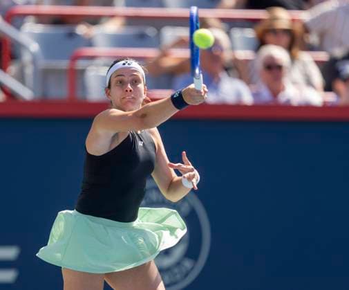 August 1, 2025, Montreal, Pq, Canada: Anastasija Sevastova of Latvia hits a return to Jessica Pegula of the United States during third round tennis action at the National Bank Open in Montreal, Friday, August 1, 2025. Canada News - August 1, 2025  - ZUMAc35_ 20250801_zaf_c35_078 Copyright: xChristinnexMuschix