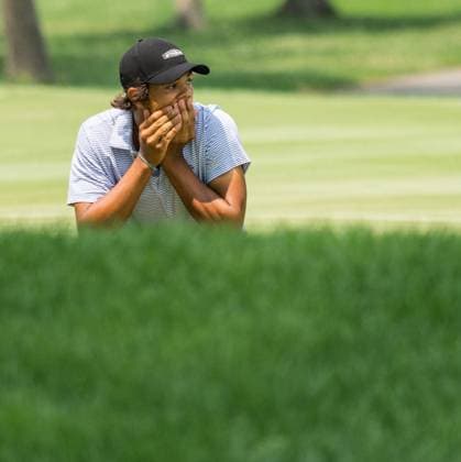 August 1, 2025, West Lafayette, Indiana, USA: CHARLIE WOODS reacts to a shot on the final day of the PGA, Golf Herren Junior Championships on August 1, 2025, at the Birck Boilermaker Golf Complex in West Lafayette, Ind. West Lafayette USA - ZUMAw145 20250801_zsp_w145_019 Copyright: xDavidxWegielx
