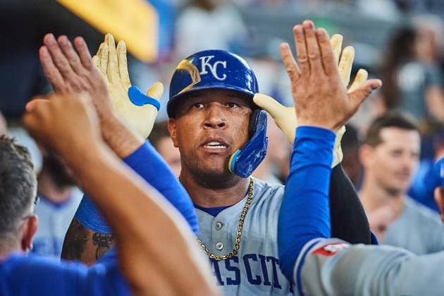 August 1, 2025, Toronto, On, Canada: Kansas City Royals catcher Salvador Perez (13) celebrates in the dugout after hitting a home run against the Toronto Blue Jays during ninth inning MLB, Baseball Herren, USA baseball action in Toronto, Friday, Aug. 1, 2025. Canada News - August 1, 2025 - ZUMAc35_ 20250801_zaf_c35_224 Copyright: xSammyxKoganx