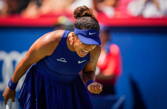 Naomi Osaka of Japan reacts during her match against Jelena Ostapenko of Latvia during the National Bank Open third round at Stade IGA on August 1, 2025 in Montreal, Canada. Photo by Mathieu Belanger AFLO) Noxthirdxpartyxsales  aflo_299227807