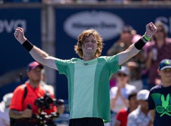 (250802) -- TORONTO, Aug. 2, 2025 -- Andrey Rublev celebrates victory after the third round of the men s singles match between Andrey Rublev of Russia and Lorenzo Sonego of Italy at the 2025 National Bank Open tennis tournament in Toronto, Canada, Aug. 1, 2025. (Photo by Xinhua) (SP)CANADA-TORONTO-TENNIS-NATIONAL BANK OPEN-MEN S SINGLES ZouxZheng 