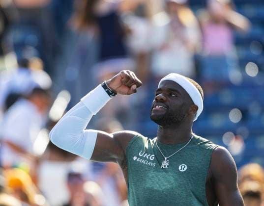(250802) -- TORONTO, Aug. 2, 2025 -- Frances Tiafoe of the United States celebrates victory after the third round of the men s singles match between Frances Tiafoe of the United States and Aleksandar Vukic of Australia at the 2025 National Bank Open tennis tournament in Toronto, Canada, on Aug. 1, 2025. (Photo by Xinhua) (SP)CANADA-TORONTO-TENNIS-NATIONAL BANK OPEN-MEN S SINGLES ZouxZheng 