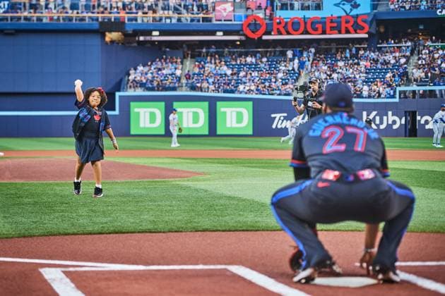 August 1, 2025, Toronto, On, Canada: Vlaimel Guerrero, Toronto Blue Jays first base Vladimir Guerrero Jr.öÄÃ s (27) daughter, throws the ceremonial first pitch ahead of MLB, Baseball Herren, USA baseball action in Toronto, on Friday, August 1, 2025. Canada News - August 1, 2025 - ZUMAc35_ 20250801_zaf_c35_244 Copyright: xSammyxKoganx