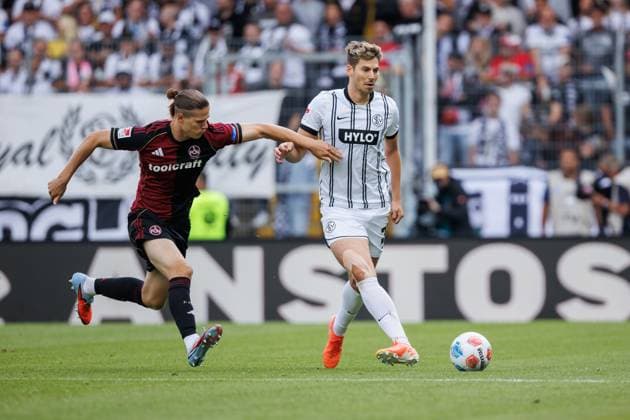 Artem Stepanov 1 FC Nuernberg in duel with Maximilian Rohr SV 07 Elversberg , SV Elversberg vs 1 FC Nuernberg, Soccer, 2 Bundesliga, 1 Matchday, Season 2025 2026, 02 08 2025 DFB regulations prohibit any use of photographs as image sequences and or quasi video SV Elversberg vs 1 FC Nuernberg, Soccer, 2 Bundesliga, 1 Matchday, Season 2025 2026, 02 08 2025 Copyright: xEibner-Pressefoto AlexanderxNeisx EP_ANS
