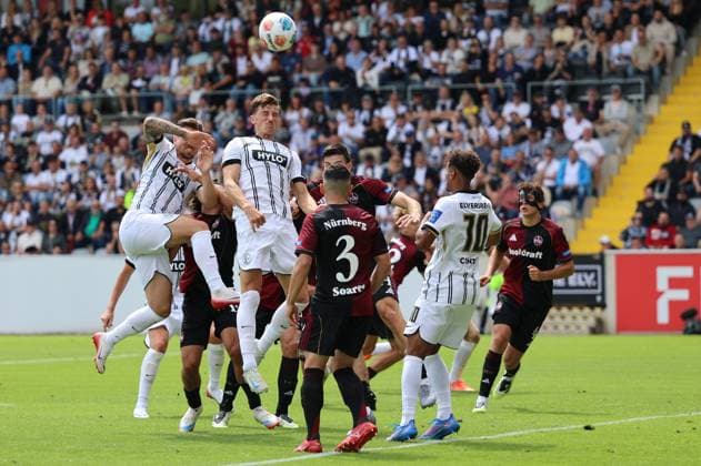 02 08 2025, Football, Men, 2 Bundesliga, Season 2025 2026, SV 07 Elversberg 1 FC Nürnberg, Lukas Petkov SV 07 Elversberg , Luca Schnellbacher SV 07 Elversberg , Bambase Conte SV 07 Elversberg , Danilo Soares 1 FC Nürnberg , Luka Lochoshvili 1 FC Nürnberg Elversberg Ursapharm Arena an der Kaiserlinde Saarland Germany DEU Copyright: xSebastianxBachx
