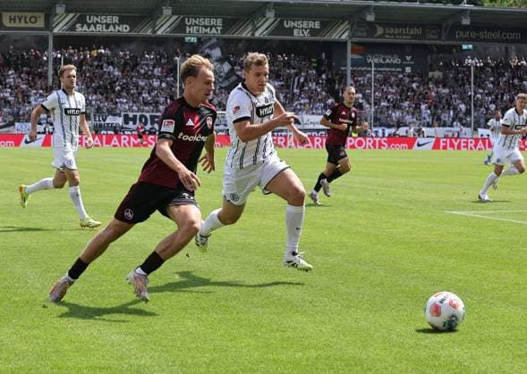 02 08 2025 Soccer Season 2025 2026 2 Soccer Bundesliga 01 Matchday SV Elversberg SVE 1 FC Nürnberg FCN Club Sportfoto Zink DaMa xdaxmax DFL regulations prohibit any use of photographs as image sequences and or quasi video only for editorial use Tim Janisch 32, 1 FC Nürnberg FCN Lasse Günther Guenther 21, SV Elversberg
