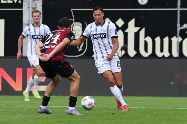 02 08 2025, Football, Men, 2 Bundesliga, Season 2025 2026, SV 07 Elversberg 1 FC Nürnberg, Younes Ebnoutalib SV 07 Elversberg , Luka Lochoshvili 1 FC Nürnberg Elversberg Ursapharm Arena an der Kaiserlinde Saarland Germany DEU Copyright: xSebastianxBachx