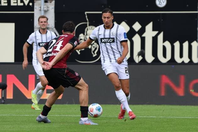 02 08 2025, Football, Men, 2 Bundesliga, Season 2025 2026, SV 07 Elversberg 1 FC Nürnberg, Younes Ebnoutalib SV 07 Elversberg , Luka Lochoshvili 1 FC Nürnberg Elversberg Ursapharm Arena an der Kaiserlinde Saarland Germany DEU Copyright: xSebastianxBachx
