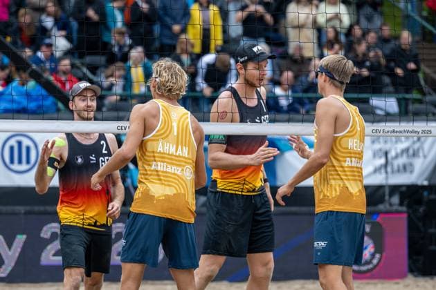 European Championship Beach Volleyball Düsseldorf, 02 08 2025 Clemens Wickler GER , David Åhman SWE , Jonatan Hellvig SWE , Nils Ehlers GER European Championship Beach Volleyball Düsseldorf on 02 08 2025 Copyright: xBEAUTIFULxSPORTS PeterxWeberx