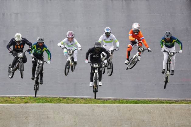 2025 UCI BMX Racing World Championships Picture by Alex Whitehead SWpix.com - 02 08 2024 - Cycling - 2025 UCI BMX Racing World Championships - Copenhagen, Denmark - Men Junior Round 1 - Finn Cogan (New Zealand), Aaron Donald (Australia), KauÃª De Souza Leal (Brazil), Scott Janssen (Netherlands), Luca Grigoletto Micheli (Brazil) Copyright: x xSWpix.comx(t axPhotographyxHubxLtd)xAlexxWhitehead SWpix.comx SWP-3030-0055