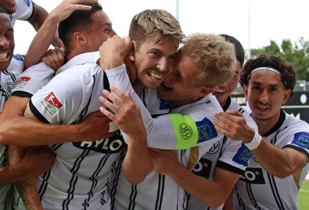02 08 2025, xpfrx, Soccer 2 Bundesliga, SV Elversberg 1 FC Nürnberg v l Maximilian Rohr, Lukas Pinckert Elversberg celebrate the goal to 1 0 DFL DFB REGULATIONS PROHIBIT ANY USE OF PHOTOGRAPHS as IMAGE SEQUENCES and or QUASI VIDEO Elversberg