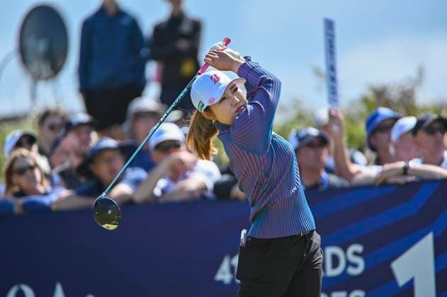 2nd August 2025; Royal Porthcawl Golf Club, Porthcawl, Wales; AIG Womens Open Golf, Round 3; Ayaka Furue plays her shot on the first tee  AledxHopkins