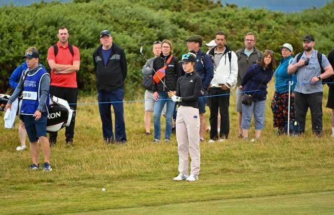 2nd August 2025; Royal Porthcawl Golf Club, Porthcawl, Wales; AIG Womens Open Golf, Round 3; Grace Kim sets to play her shot to the green on the fairway of the 1st hole  AledxHopkins