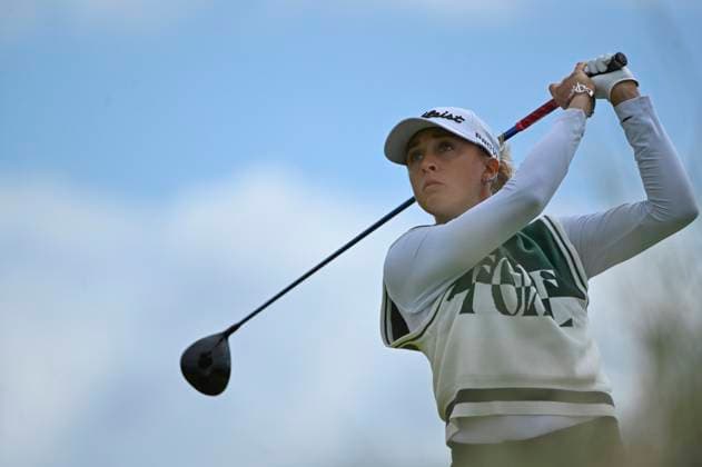 2nd August 2025; Royal Porthcawl Golf Club, Porthcawl, Wales; AIG Womens Open Golf, Round 3; Pauline Roussin& x2011;Bouchard tees off with her driver  AledxHopkins