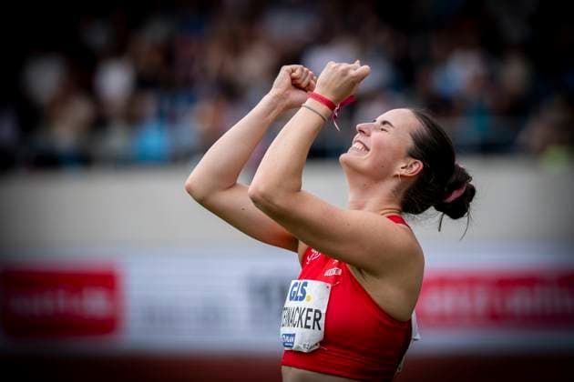 Deutsche Leichtathletik-Meisterschaften; Dresden, 02.08.2025 Marike Steinacker (TSV Bayer 04 Leverkusen) wird Deutsche Meisterin im Diskuswurf und freut sich; Deutsche Leichtathletik-Meisterschaften am 02.08.2025 im Heinz-Steyer-Stadion, Dresden (Sachsen). *** German Athletics Championships Dresden, 02 08 2025 Marike Steinacker TSV Bayer 04 Leverkusen becomes German champion in discus throw and is looking forward to German Athletics Championships on 02 08 2025 at Heinz Steyer Stadium, Dresden Saxony Copyright: xBEAUTIFULxSPORTS AxelxKohringx
